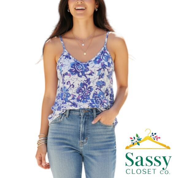 Roxy Tops - Roxy Tank Top White Blue Purple Pattern V‑Neck Scoop Back M NWT